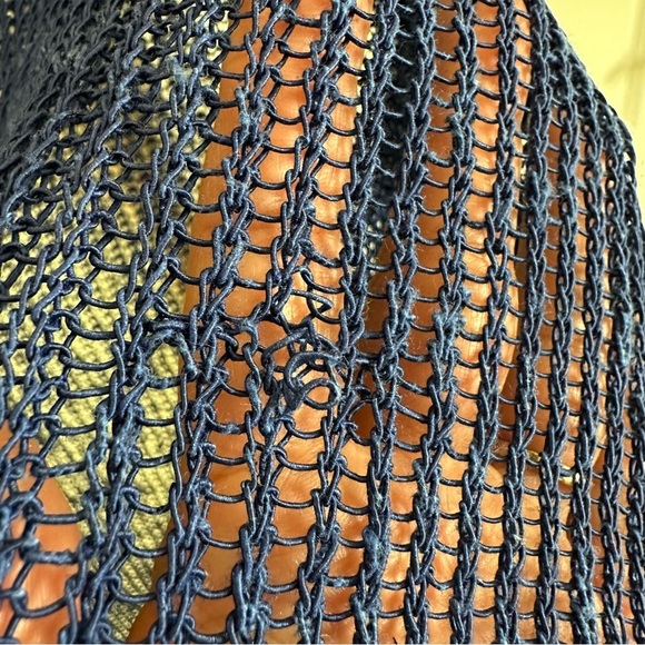 Eileen Fisher size Large Blue Linen Blend Open Weave Sweater Asymmetrical V Neck - Picture 4 of 7